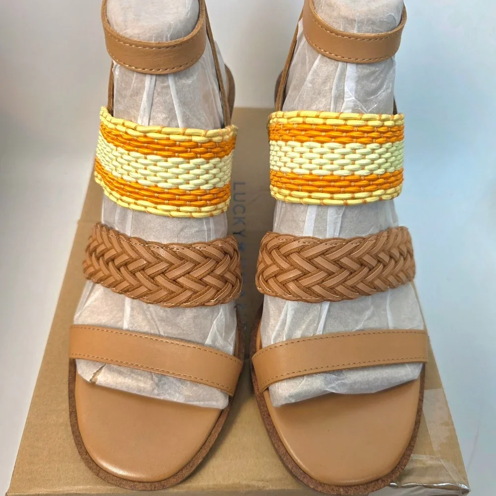 Lucky Brand‎ Women's Lissie Wedge Sandals Tan Sunflower Multi Braided Straps 11M